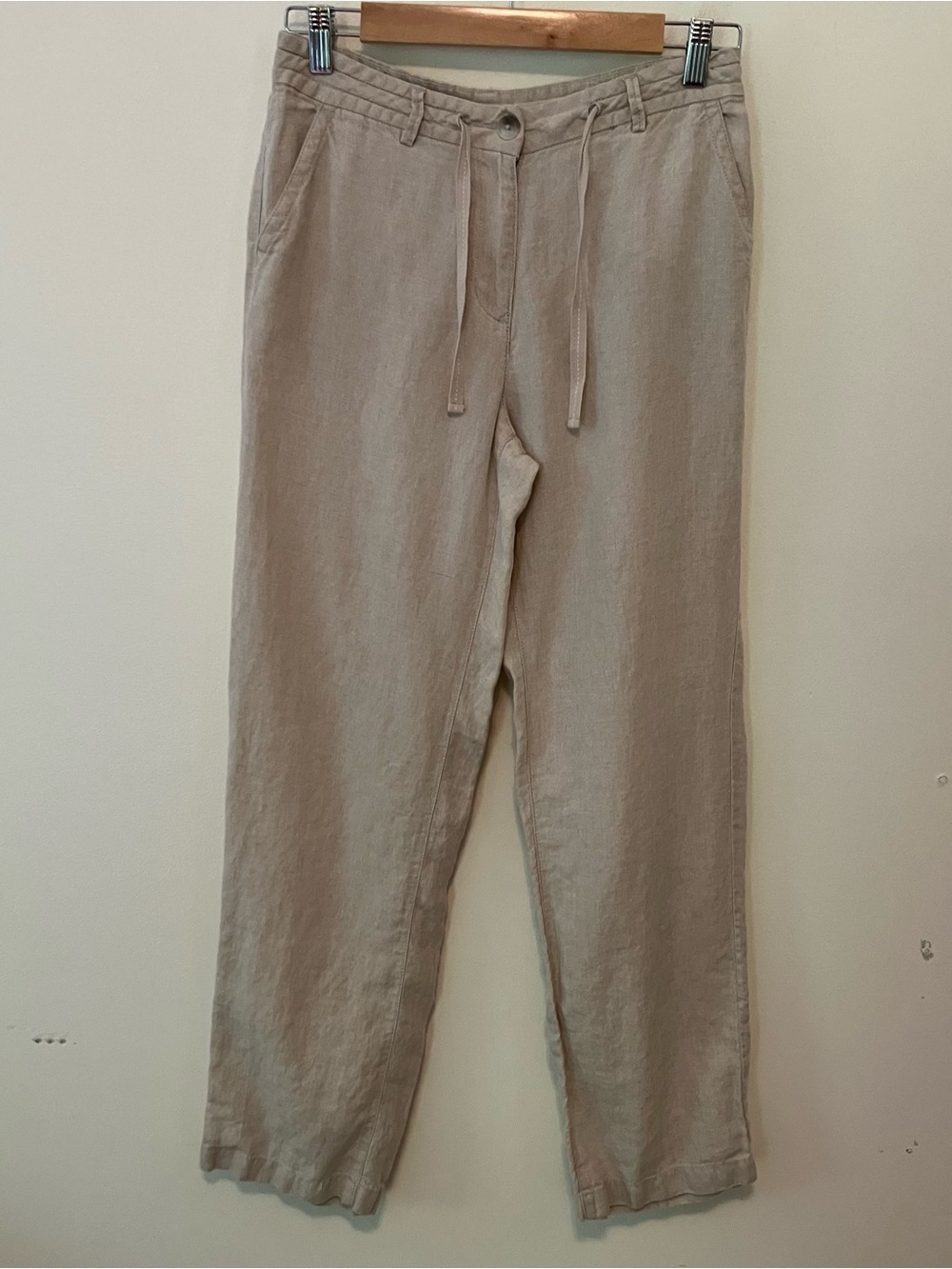 L.L. Bean Women’s 100% Linen Pants 6 Classic Fit Straight Leg Tan Tie Waist